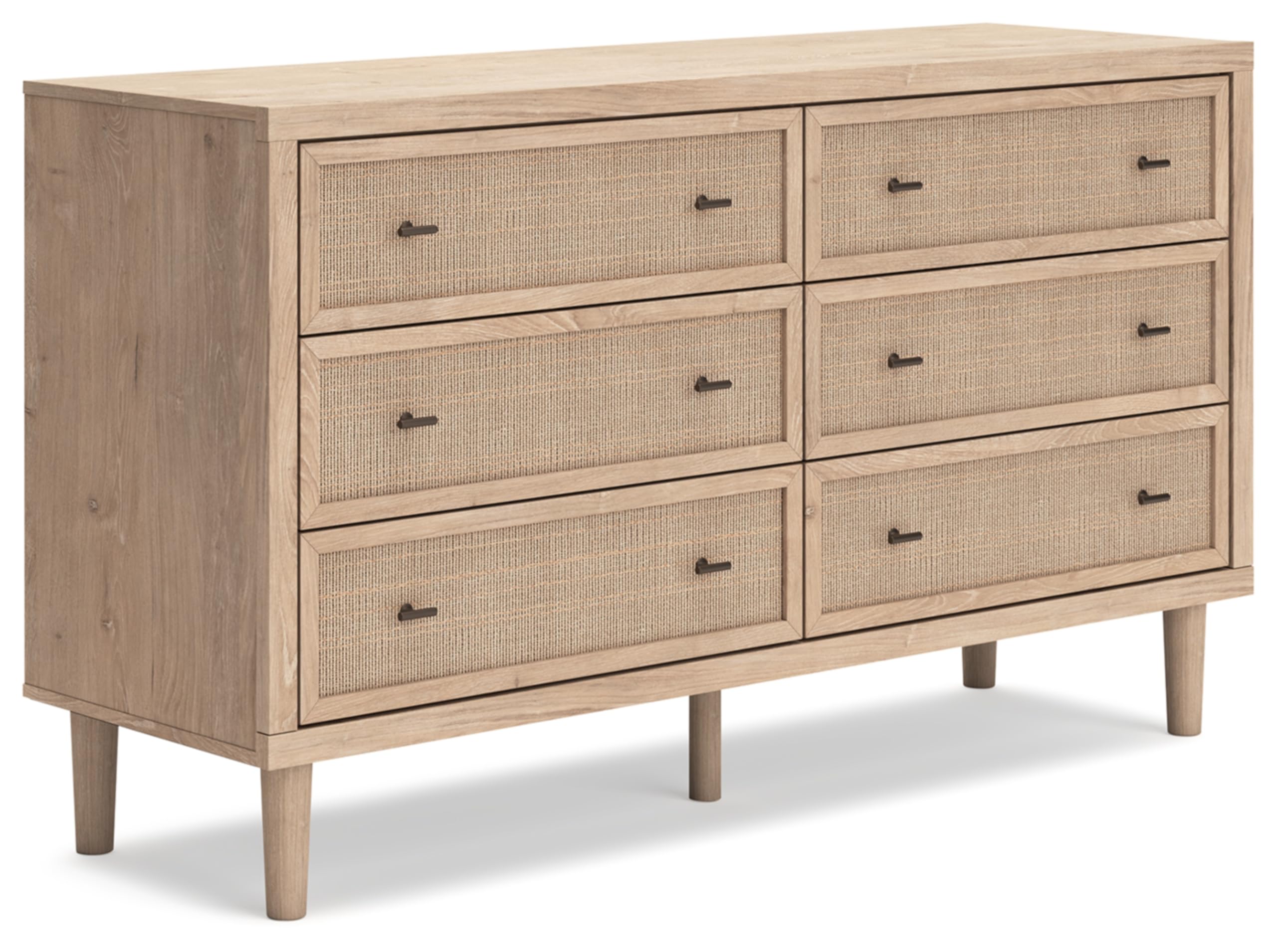 Photo 1 of ******MAJOR DAMAGE******Signature Design by Ashley Cielden Coastal 6-Drawer Dresser, Bronze-Tone Knobs, Safety Stop, Textured Cane Details, 62.01" W x 19.65" D x 35.67" H, Light Brown