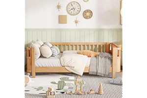 MIRIGHTONE Twin Bed Frames Kids with Rails, Wood Montessori Twin Bed with Slats Support, Modern Low to Ground with Removable Bed Rails for Girls Boys Bedroom Living Room, Natural