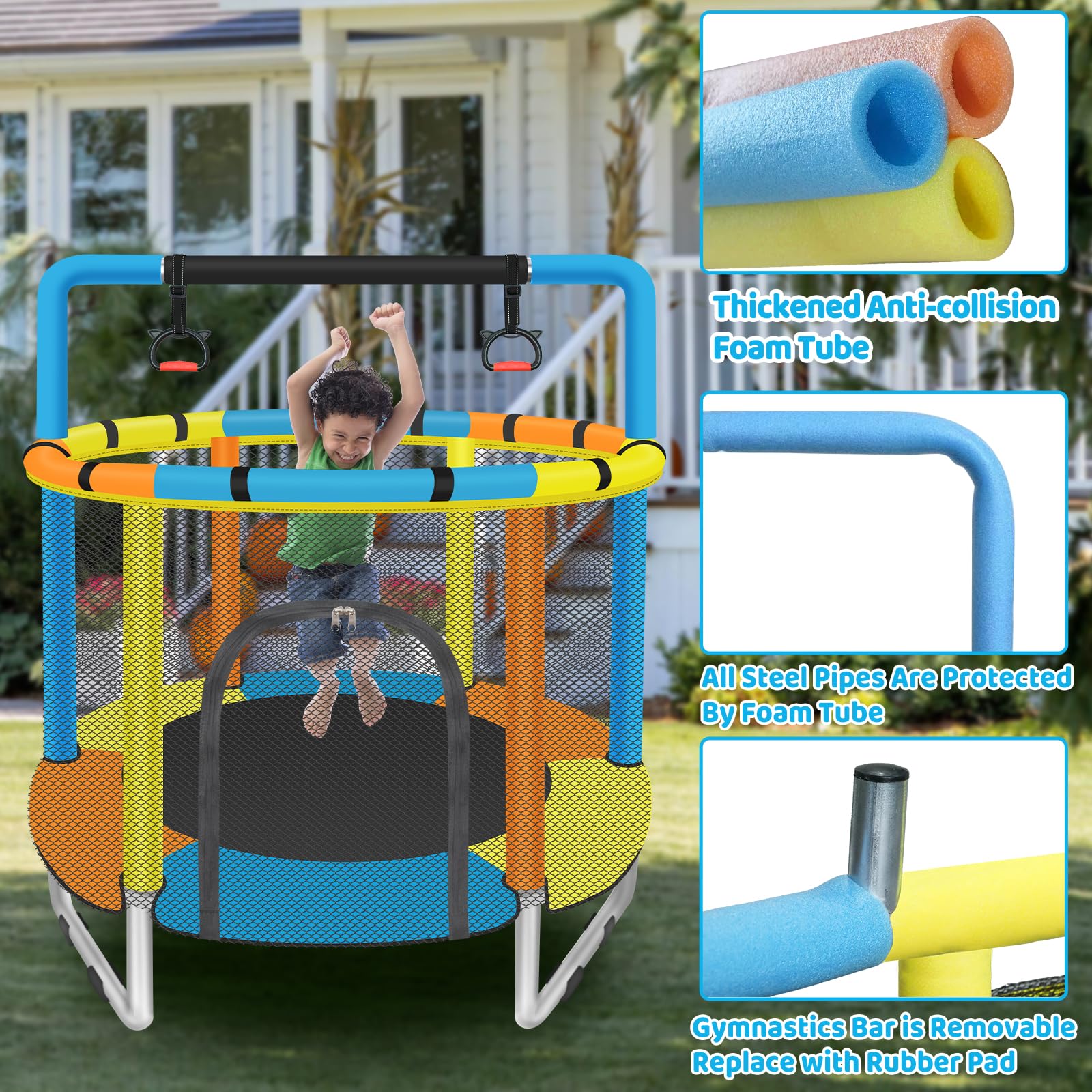 Toddler Trampoline for Kids Ages 1-8, 55'' Small Trampoline with Safety Enclosure Net & Adjustable Gymnastics Bar, Indoor & Outdoor Baby Mini Trampolines, Birthday Gifts for Children & Boys & Girls
