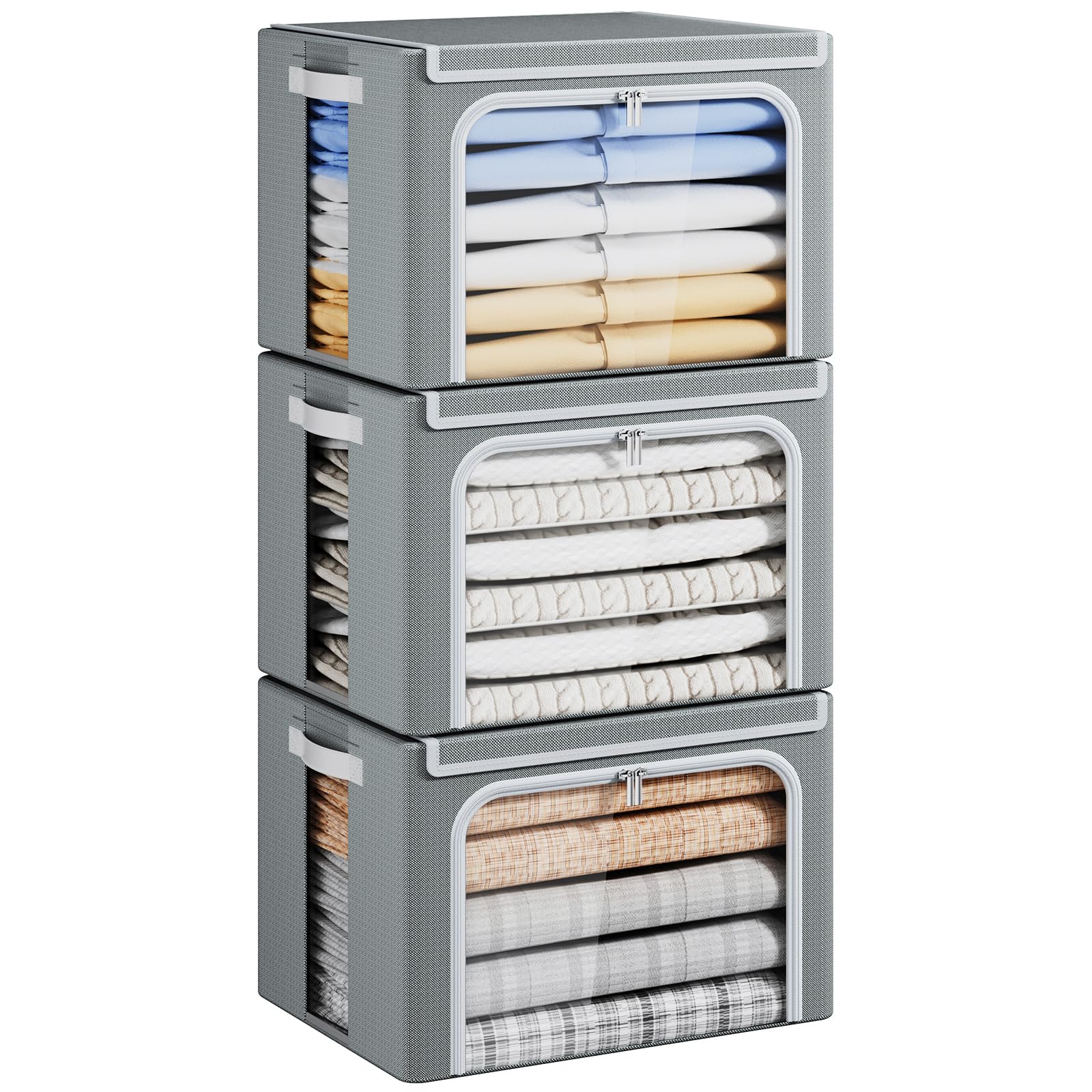 Photo 1 of Yecaye Clothes Storage Bins with Metal Frame, 40L Foldable Clothing Storage Bins with Lid, Stackable Zippered Clothes Storage Bags, Oxford Fabric Organizer Box With Clear Window? PU Leather Handles