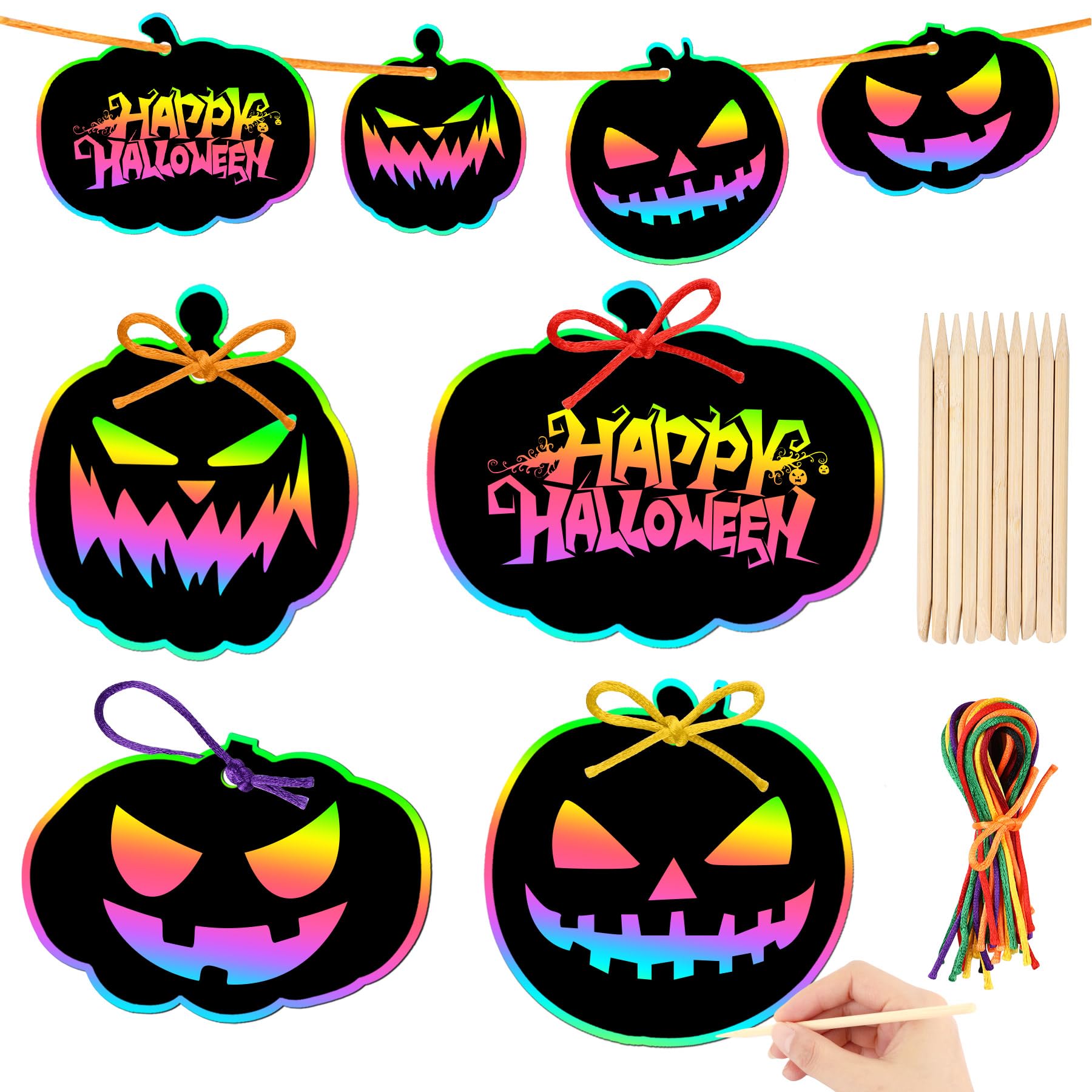 JULMELON 36PCS Halloween Scratch Paper Crafts Kit Pumpkins Magic Rainbow Scratch Art for DIY Party Ornaments Halloween Decor with 12 Wooden Sticks and 36 Colorful Ribbons