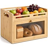 Bread Box for Kitchen Countertop, Bamboo Storage Container with Top Shelf | Large Capacity, Acrylic Window, Rear Vents, Wood Farmhouse Counter Organizer for Pantry, Homemade Bread, Fruit, Jars, Spices