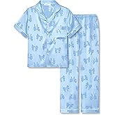 Tebbis Satin Pajamas for Girls-Cute Pink Silky Short-Sleeved Pants Set with Adorable Puppy Prints Size 6/7-16