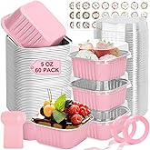 60 Pack Mini Cake Pans with Lids and Spoons, 5oz Square Aluminum Foil Loaf Pans Pink Small Cake Tins Disposable Baking Pans Dessert Cupcake Cups with Ribbon Decals for Wedding Birthday Party Picnics