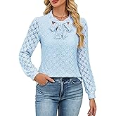 Blooming Jelly Womens Lace Long Sleeve Tops Tie Front Lined Dressy Blouse Fall Fashion Trendy Elegant Business Casual Outfit