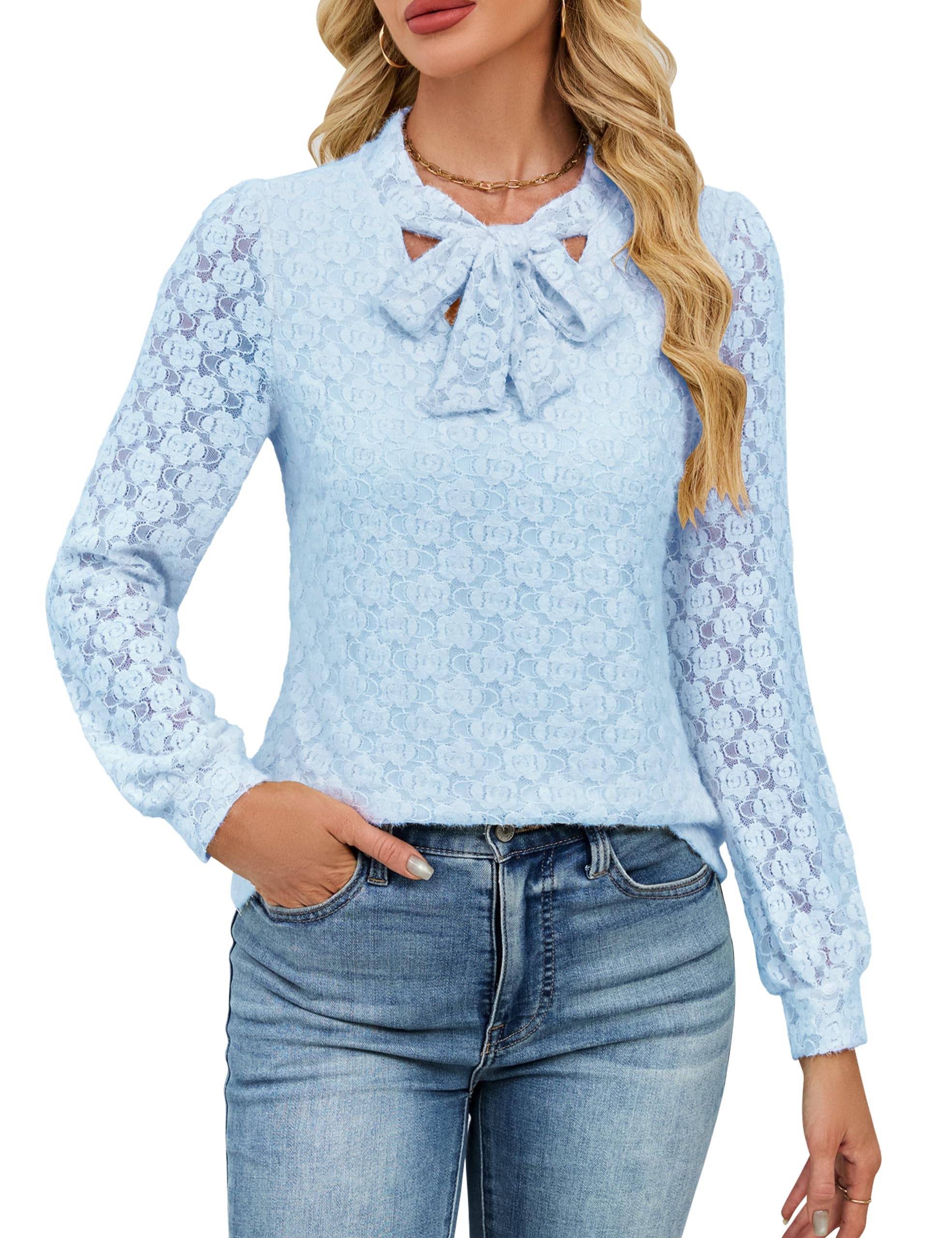 Blooming Jelly Womens Lace Long Sleeve Tops Tie Front Lined Dressy Blouse Fall 2025 Fashion Trendy Ladies Elegant Business Casual Outfit (Medium, Light Blue)