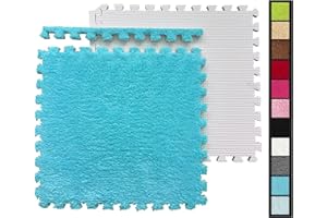 HUIDUO 16 Pcs Shaggy Interlocking Foam Carpet Tiles - 12" x 12", 16 Sq,Ft Kids Carpet Squares Protective Floor Mats Crawling Exercise Area Rugs for Children Room, Home or Classroom Use, Blue