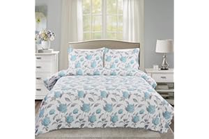 Ycosy Floral Quilt Sets Full/Queen Size Reversible Countryside Bedspread Coverlets Botanical Lightweight Flower Quilts Cyan Hydrangea Bed Covers for All Season,1 Quilt +2 Pillow Shams