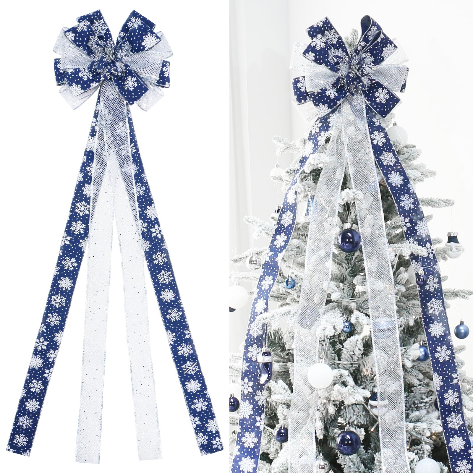 Photo 1 of YINGQIWISH Christmas Tree Topper, Bow Large Christmas Bow Tree Topper, for Xmas Ornament Holiday Home Wedding Thanksgiving Indoor/Outdoor Decoration (Deep Blue White)