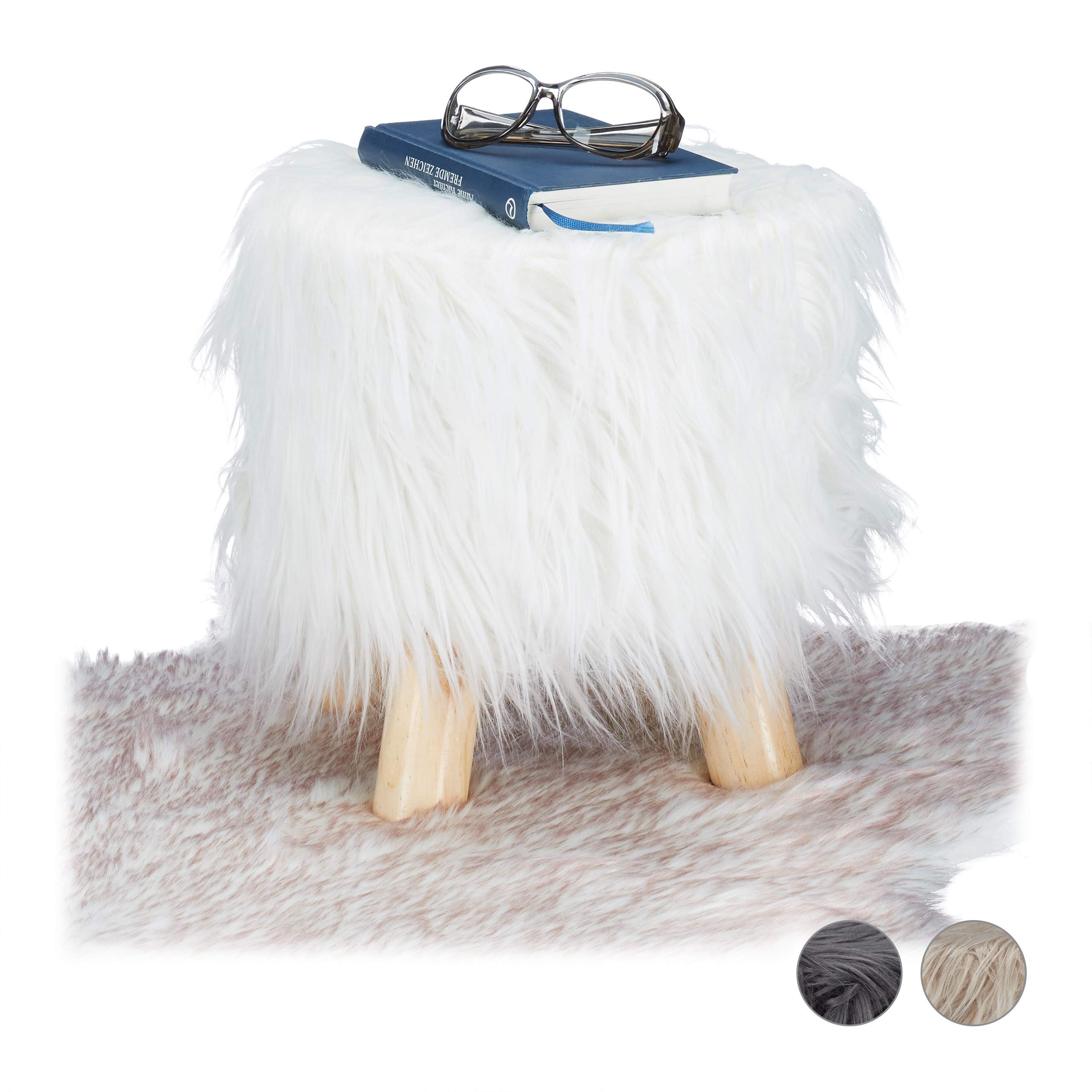Relaxdays Faux Fur Stool, Fluffy, 4 Wooden Legs, Padded Footstool, Round, Decorative Stand HxD: 31x31 cm, White