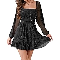 Women's Party Dress Allegra K Women's Glitter Star Mesh Dress  Puff Long  Sleeve, Boat Neck, Elastic Waist  For Party & Holiday Allegra K Women's Glitter  Star Dress