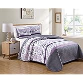 Luxury Home Collection 3 Piece Full/Queen Quilted Reversible Coverlet Bedspread Set Floral Printed Lavender Purple White Gray