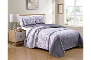 Kids Zone Home Linen Bedspread Set Damask Printed Pattern Lavender Purple White Grey New (Twin/Twin Extra Long)