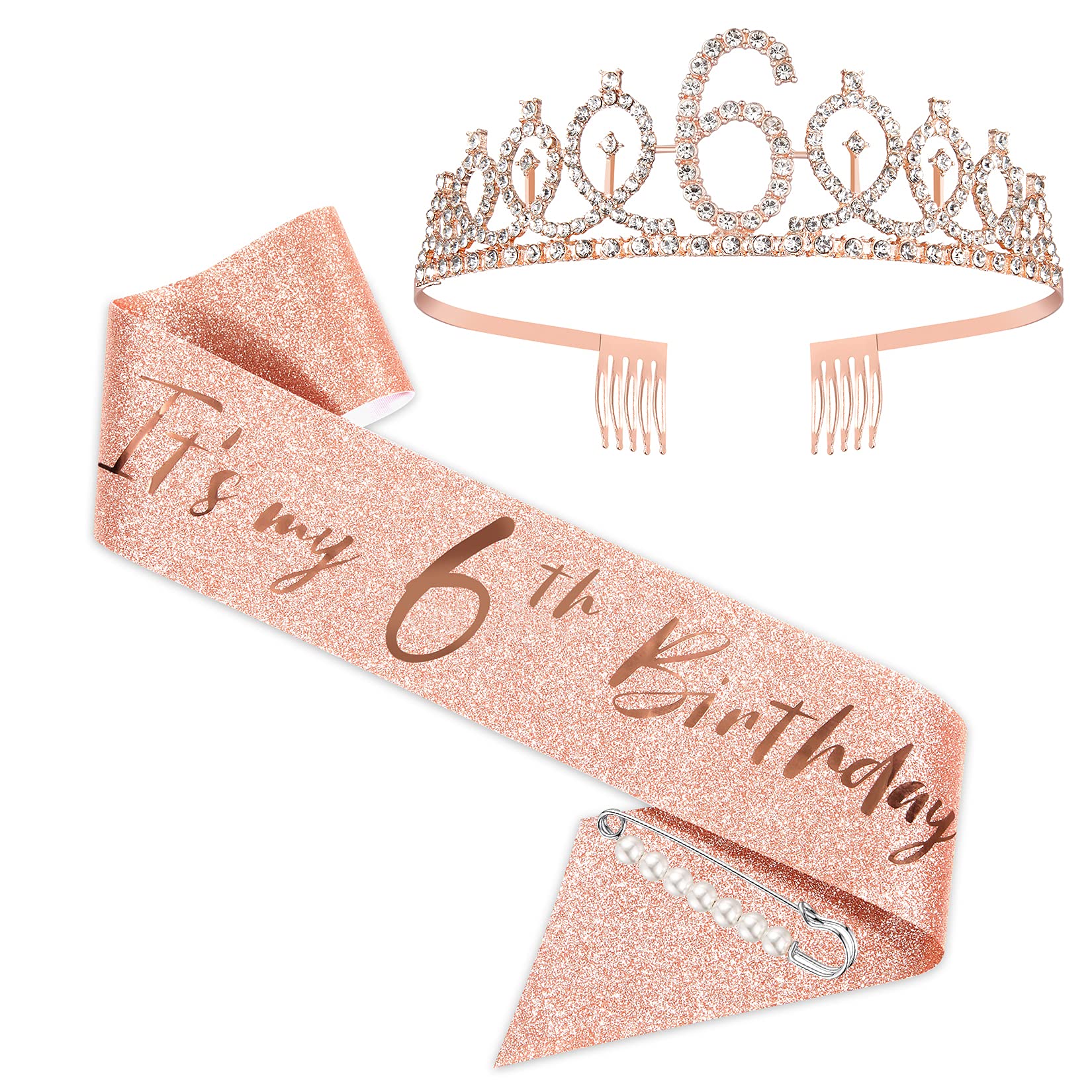 SZHUIHER 6th Birthday Sash and Tiara for Girls, Rose Gold Birthday Sash Crown 6 & Fabulous Sash and Tiara for Girls, 6th Birthday Gifts for Happy 6th Birthday Party Favor Supplies
