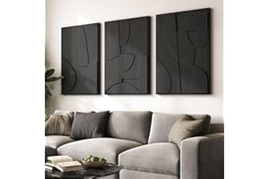 Large 3D Textured Framed Black Abstract Wall Art for Living Room, 3 piece Modern Minimalist Geometric Texture Artwork for Wal