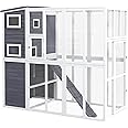 PawHut Catio Outdoor Cat Enclosure, Wooden Cat Patio Cat Window Box with Platforms, Waterproof Asphalt Roof, Ramps, 77" L, Light Gray