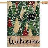 Artscope Christmas Tree House Flag 28x40 Inch Double Sided, Black Cat Welcome Seasonal Outdoor Xmas Flag for Yard Farmhouse Holiday Decoration
