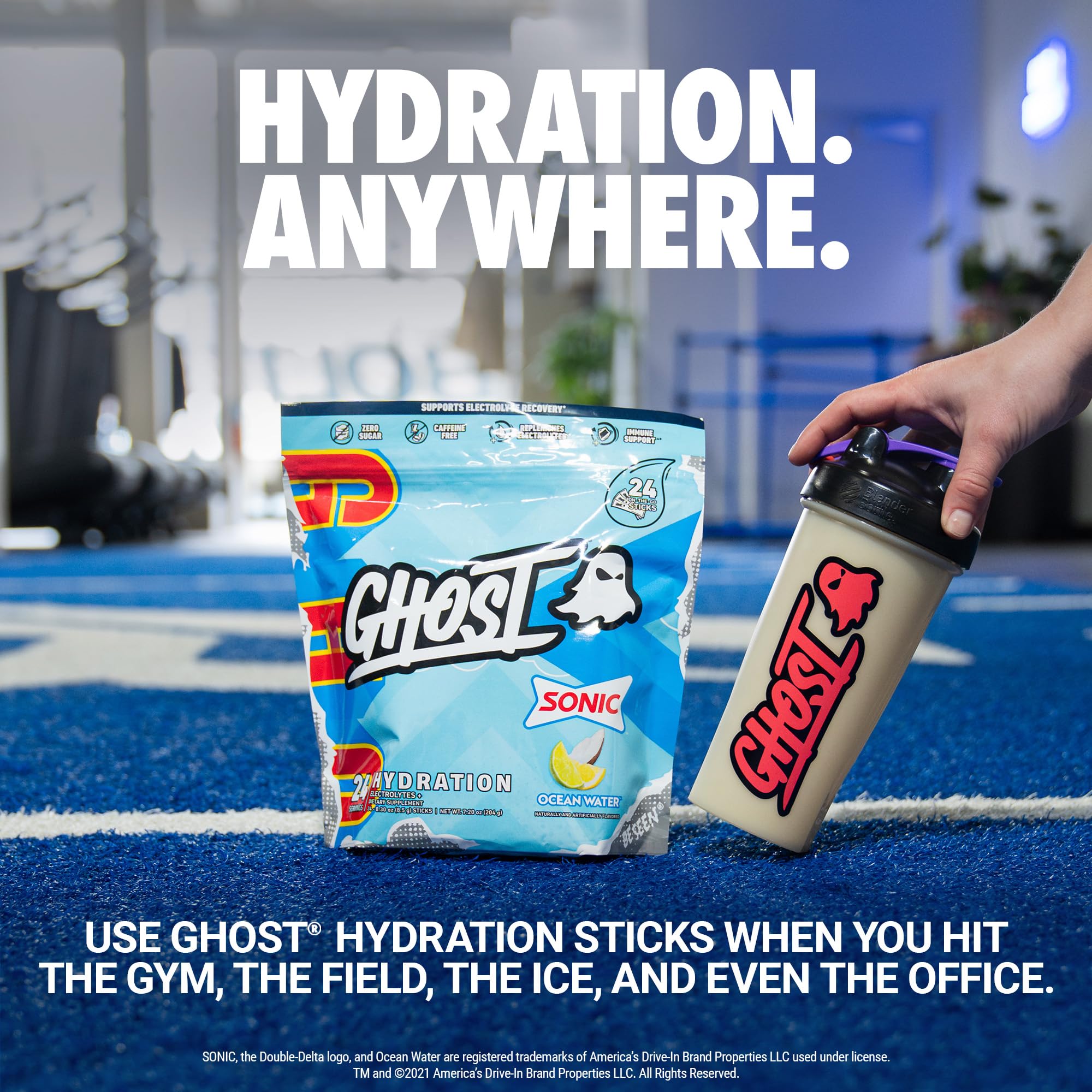 GHOST Hydration Packets, Sonic Ocean Water, 24 Sticks, Electrolyte Powder - Drink Mix Supplement with Magnesium, Potassium, Calcium, Vitamin C - Vegan, Free of Soy, Sugar & Gluten