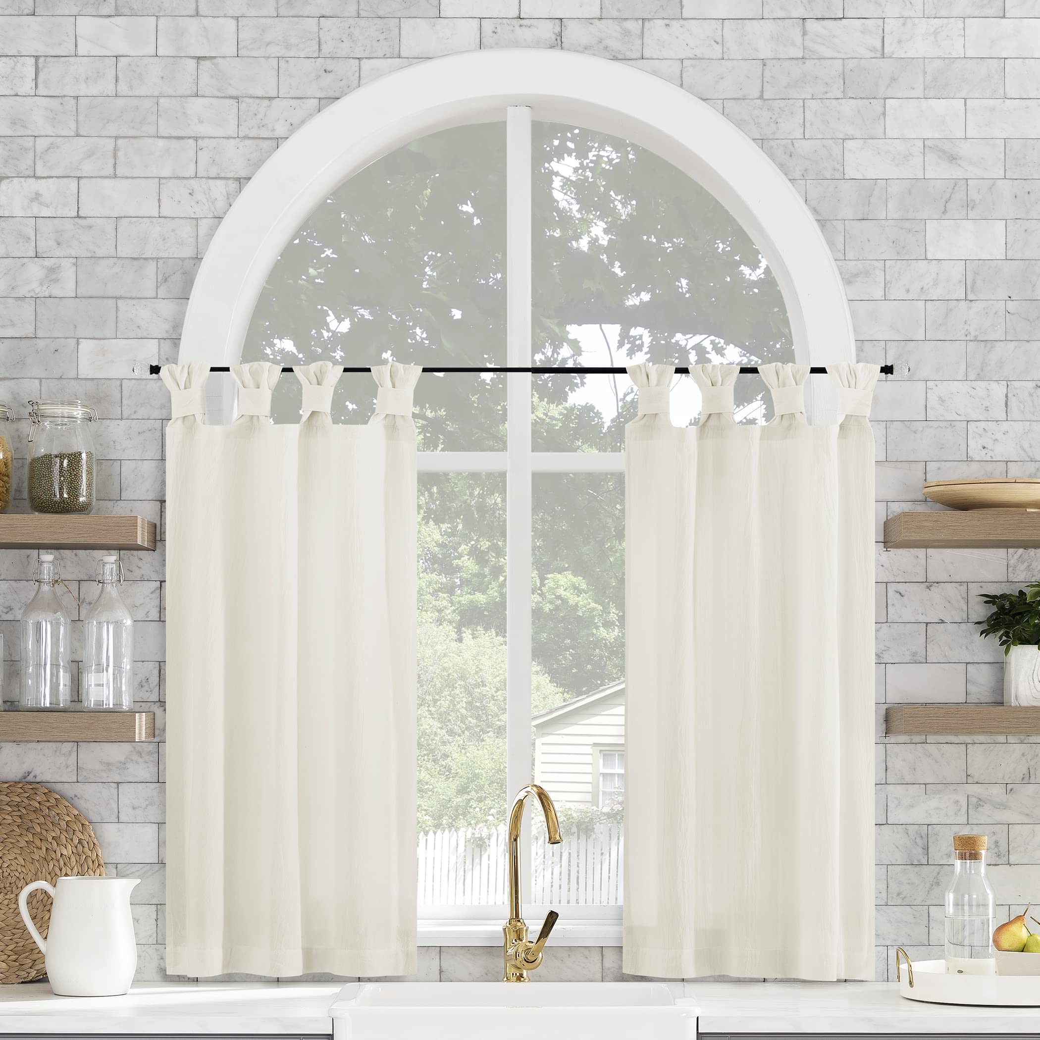 Archaeo Washed Cotton Small Window Twist Tab Cafe Curtains, 52" x 36", Ivory