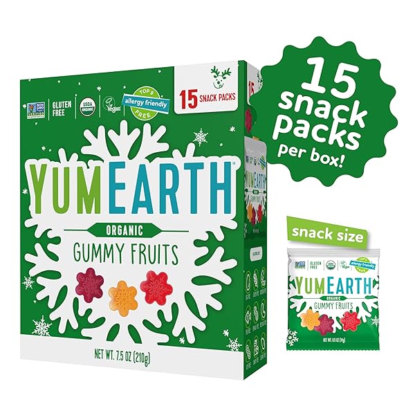 YUMEARTH HOLIDAY ORGANIC GUMMY FRUITS 15CT BOX ALLERGY FRIENDLY CHRISTMAS CANDY, DYE FREE, GLUTEN FREE, NON GMO FRUIT SNACKS