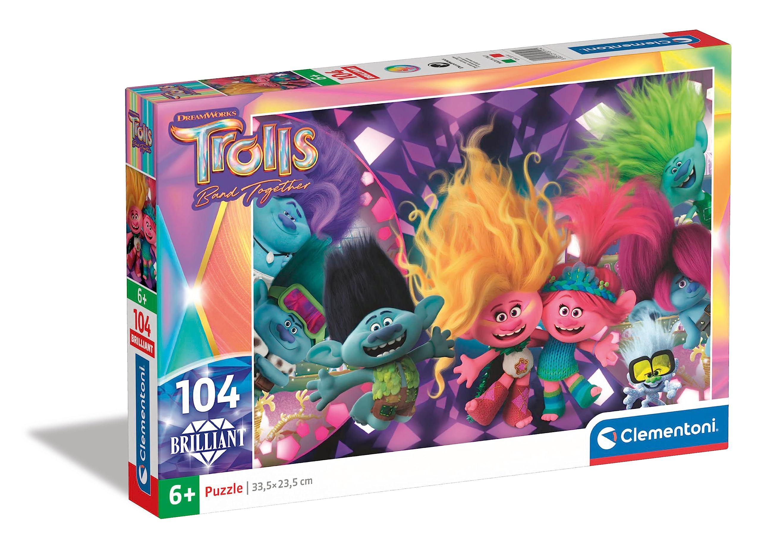 Clementoni - 20191 - Supercolor Brilliant Puzzle - Trolls 3-104 Pieces, Jigsaw Puzzle For Kids Age 6, Puzzle Cartoon, Made In Italy