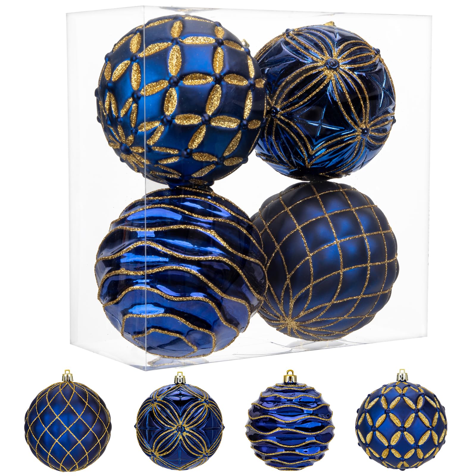 Oairse 4"/10cm Large Christmas Baubles Ornaments 4 Pcs Shatterproof Big Glitter Navy Blue Christmas Tree Ornaments for Holiday Halloween Wedding Party Xmas Tree Decorations