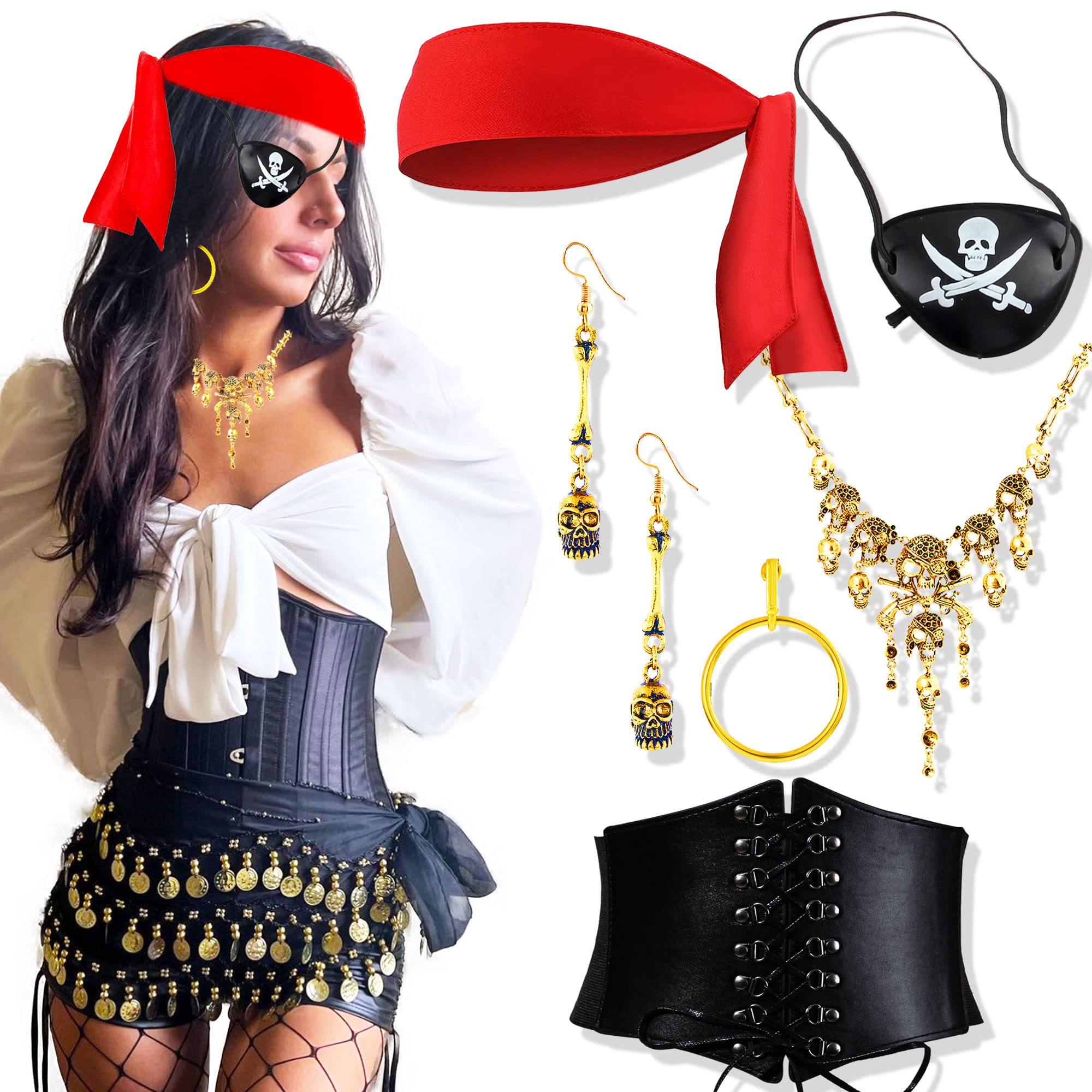 JeVenis Pirate Costume Accessories Set Pirate Headband Wrap Eye Patch Earring Necklace Waist Belt Captain Costume Carnival Music Festival Outfit
