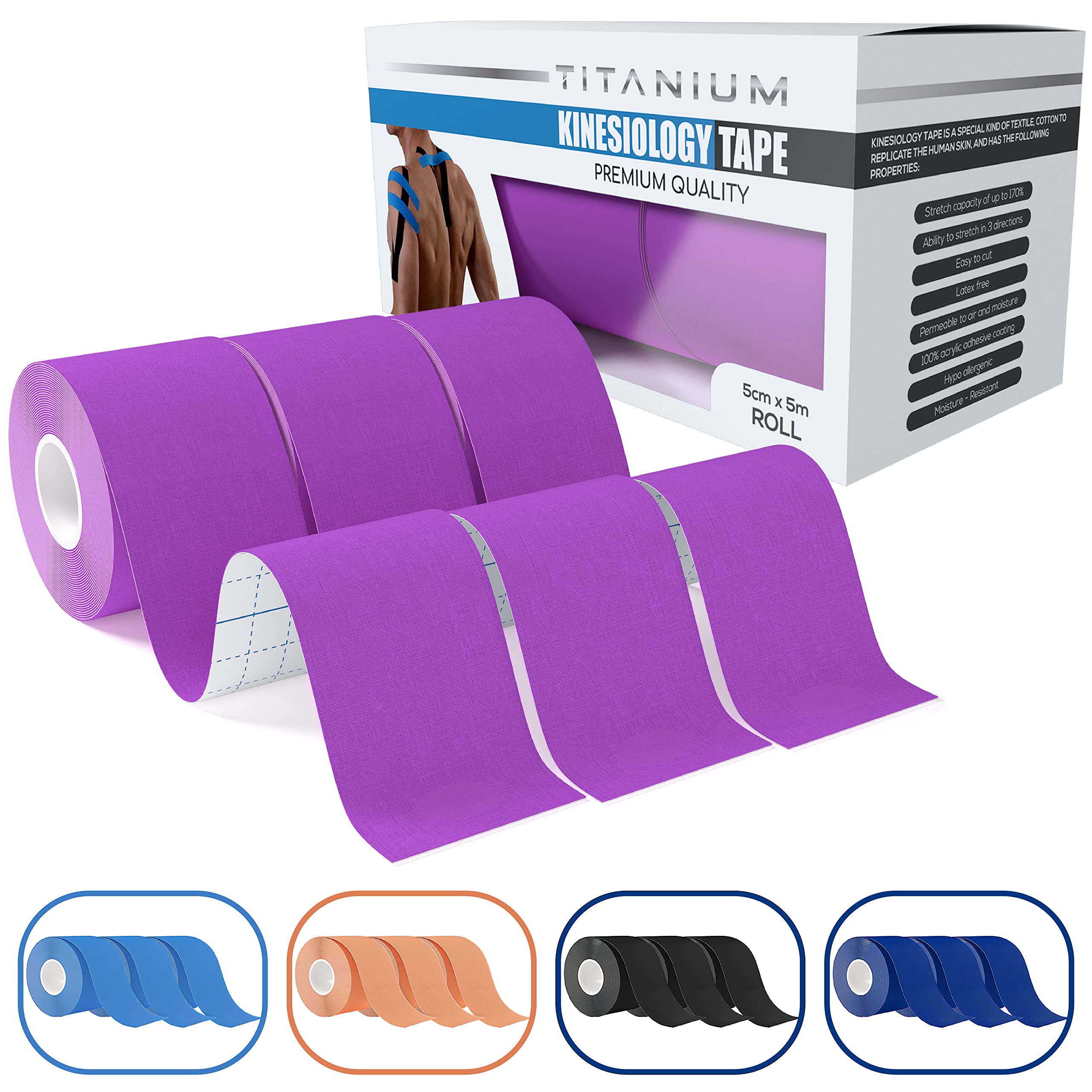 Titanium Sports Kinesiology Tape (3pack) - 5m Roll of Elastic Water Resistant Tape for Support & Muscle Recovery - Quality Sports Tape (Purple)
