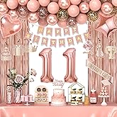 11th Birthday Decorations for Girls, Happy 11 Birthday Decorations for Her, Rose Gold Birthday Party Supplies with Banner, Number Balloons, Fringe Curtains, Hanging Swirls, Foil Balloons