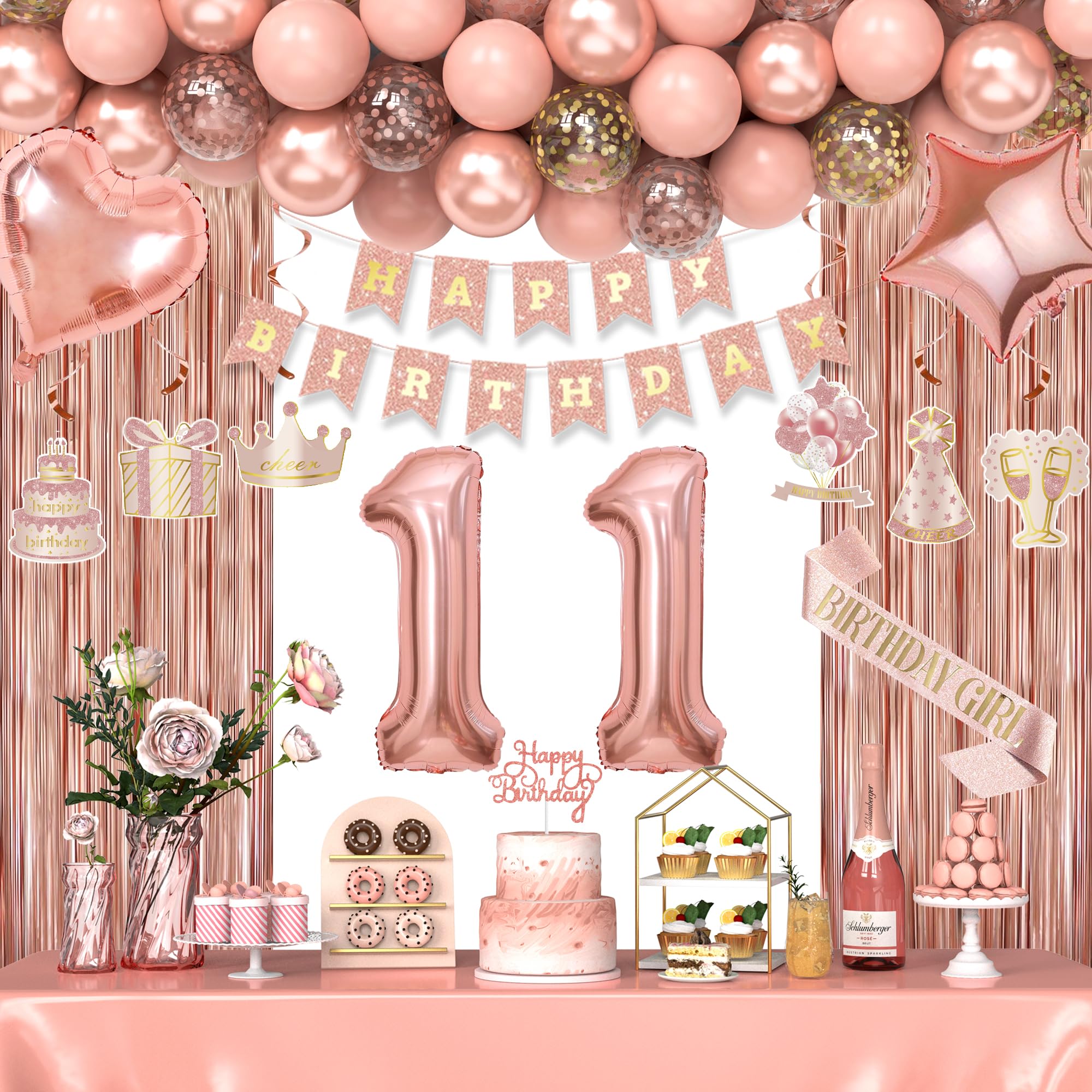 Photo 1 of 11th Birthday Decorations for Girls, Happy 11 Birthday Decorations for Her, Rose Gold Birthday Party Supplies with Banner, Number Balloons, Fringe Curtains, Hanging Swirls, Foil Balloons
