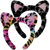 JazSwirl Cat Ears Headband for Women, 2-Pack Multiple Leopard White Black Cat Ears, Halloween Cat Ears Fuzzy Cat Ears Plush Cat Ears Hair Band Cat Ear Headbands (Colorful Quicksand, U)