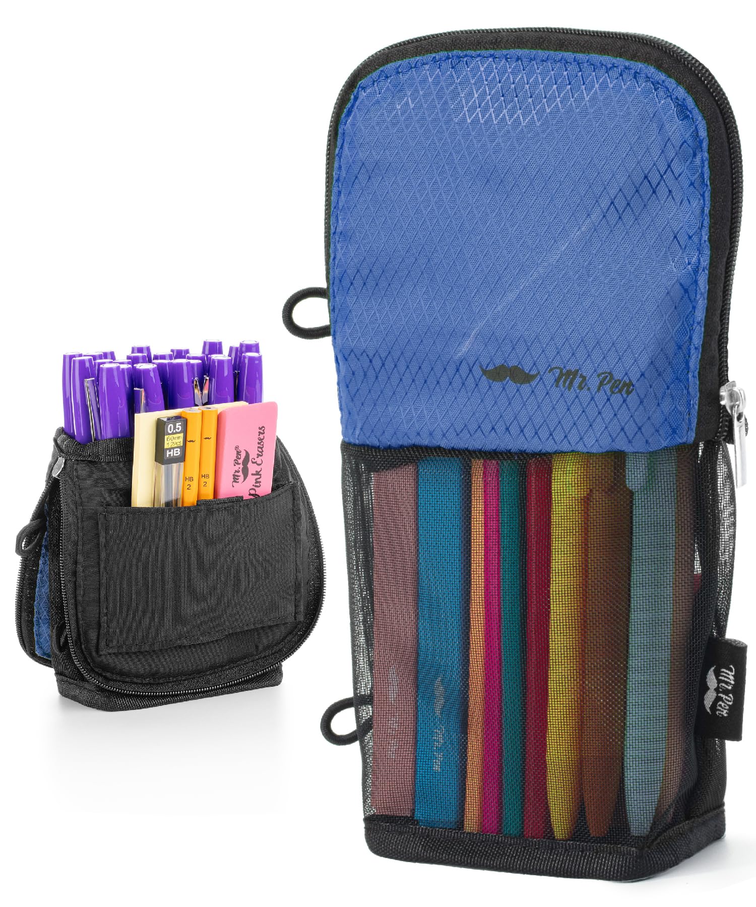 Photo 1 of Mr. Pen- Standing Pencil Case Pouch, Sit & Lay Mesh-View Design, Black & Blue, Interior Pocket & 2 Elastic Binder Loops, Cute Pencil Case for Girls and Boys