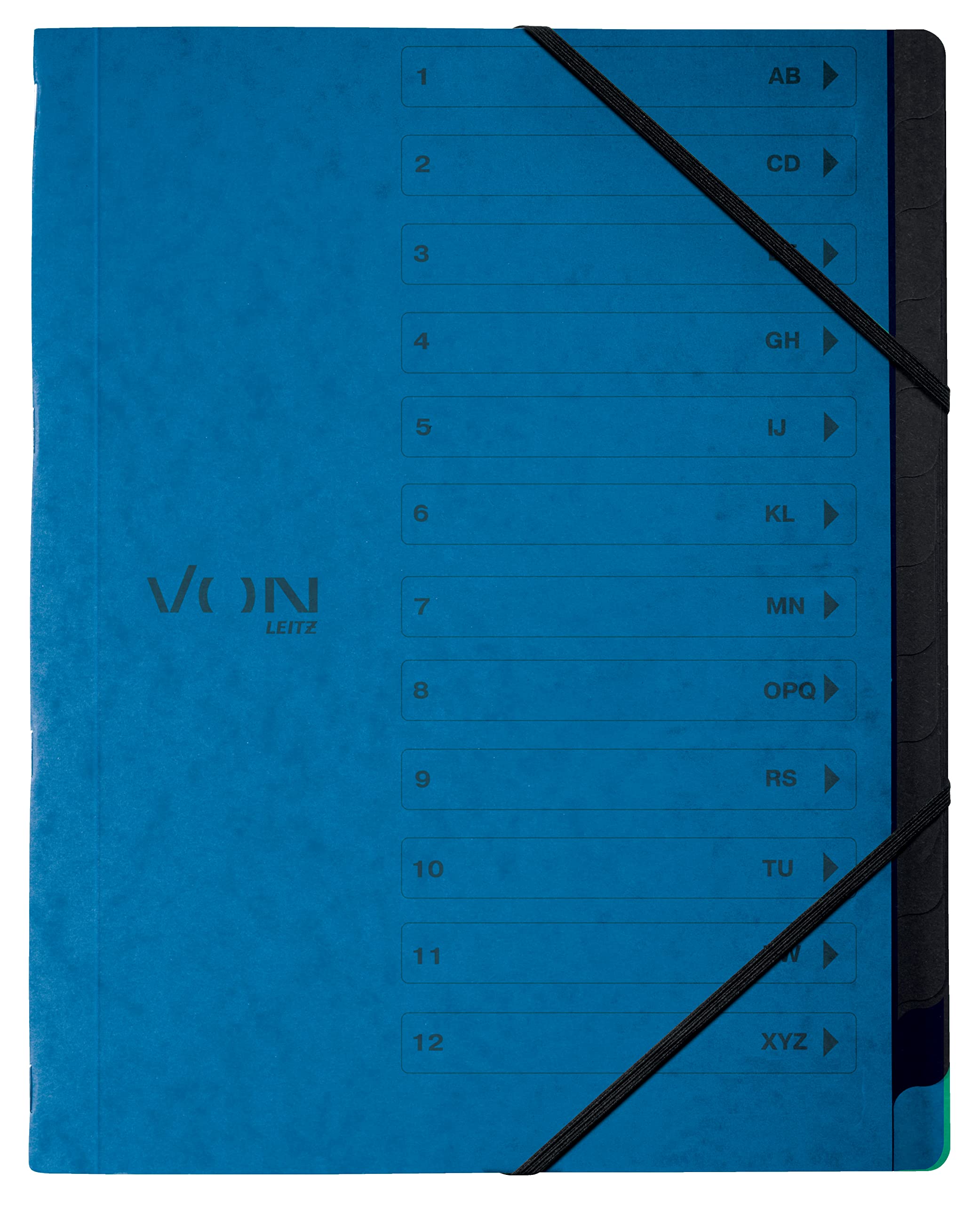 VON Leitz Pack of 5 A4 Folder with 12 Compartments, Cardboard, Project Folder, with Tabs and Elastic Closure, for School, Study and Home, Blue, 30150035