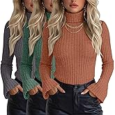 Velvelhall 3 Pack Women's Turtleneck Sweaters Slim Fit Ribbed Knitted Bell Long Sleeve Pullover Shirt Basic Tops Fall Winter