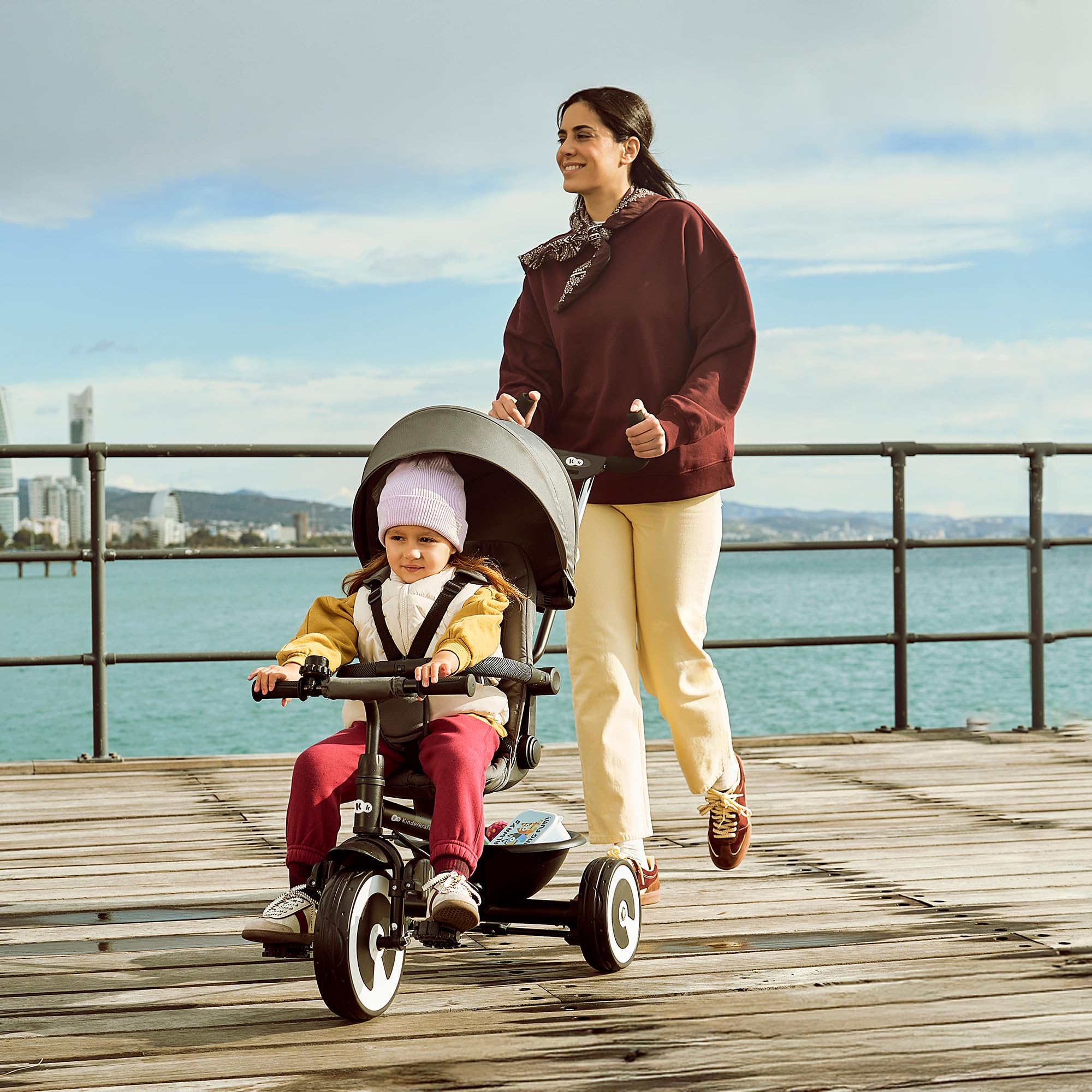 Kinderkraft Aston 2 PRO Dreirad mit Schiebestange, drehbarer 360° Sitz Click & Twist, Halbliegefunktion vor- & rückwärts, Freilaufpedale, Verdeck mit Sichtfenster, Grau 2
