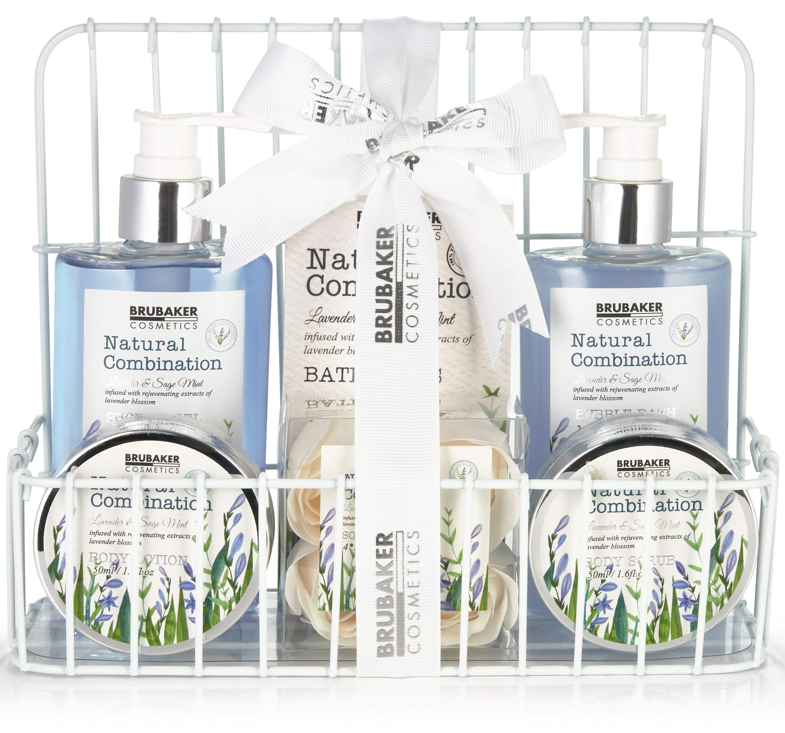 BRUBAKER Cosmetics Beauty Care Set - Lavender & Sage Mint Extracts - Gift Set in Bathroom Shelf White