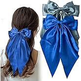 Hair Bows 2 PCS Large Long Tail Bow Hair Clips Satin Silky Ribbon Bow for Hair Ponytail Holder French Coquette Hair Barrettes Daily Accessories Gifts for Women Girls (Royal Blue,Blue Gray)
