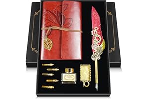 GRNVIBE Feather Quill Pen and Ink Set,Antique Calligraphy Set with Leather Journal Notebook,Feather Pen,5 Gold Nibs,Pen Holder,Ink,Calligraphy Kits for Beginners Christmas Gift