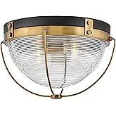 Hinkley Crew Medium Flush Mount Ceiling Light - Caged Style, 2-Light, Clear Ribbed Glass Shade, Vintage Maritime - Heritage B