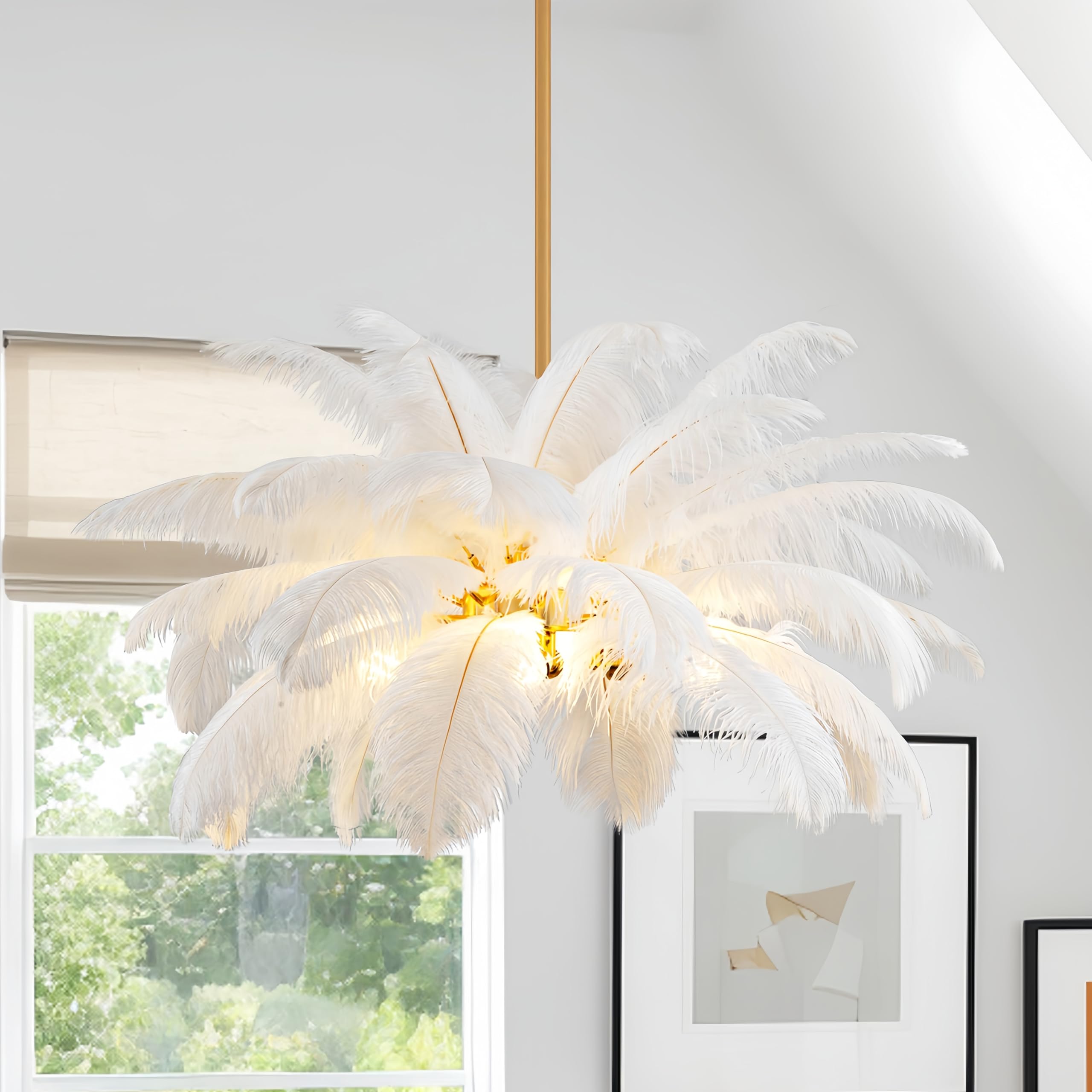 Photo 1 of NZV 31.5in Large White Feather Chandelier Dining Room Elegant Ostrich Feathers Pendant Light Romantic White Light Fixture Living Room Nordic Hanging Ceiling Lighting for Kitchen Island Bedroom Hotel