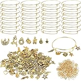 UPINS 30Pcs gold Expandable Blank Bracelets Adjustable Wire Bangles with 100Pcs Tibetan Silver Charms, 200Pcs Open Jump Rings for Jewelry Making