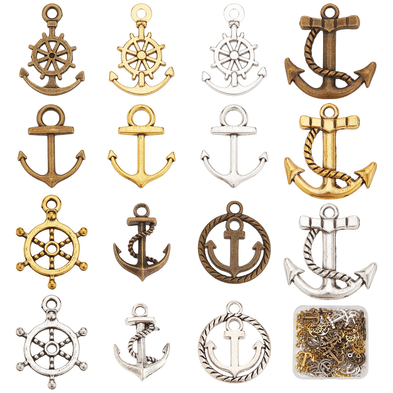 SUNNYCLUE 1 Box 90Pcs 15 Styles Anchor Charms Bulk Nautical Rudder Helm Ocean Sailing Charms Tibetan Style Alloy Charm for Jewelry Making Charms Necklaces DIY Necklace Bracelet Earring Crafting