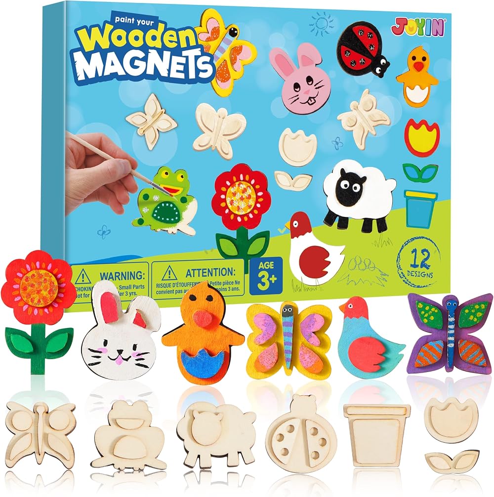 JOYIN 12PCS Wooden Painting Kit Kids Arts and Crafts Fridge Magnets Nature