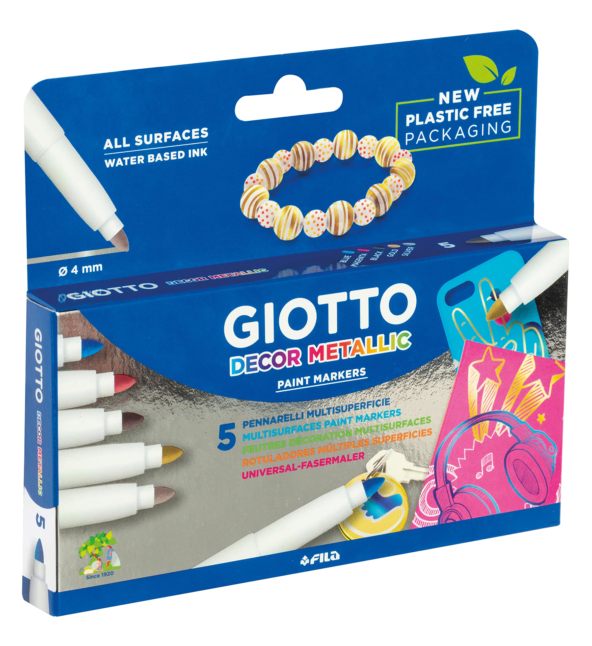 GIOTTO Decor Metallic Multi-surfaces Paint Markers, Schoolpack, Medium Tip - 4mm Nib, 5 x Assorted Colours, For Children, Parties and Schools