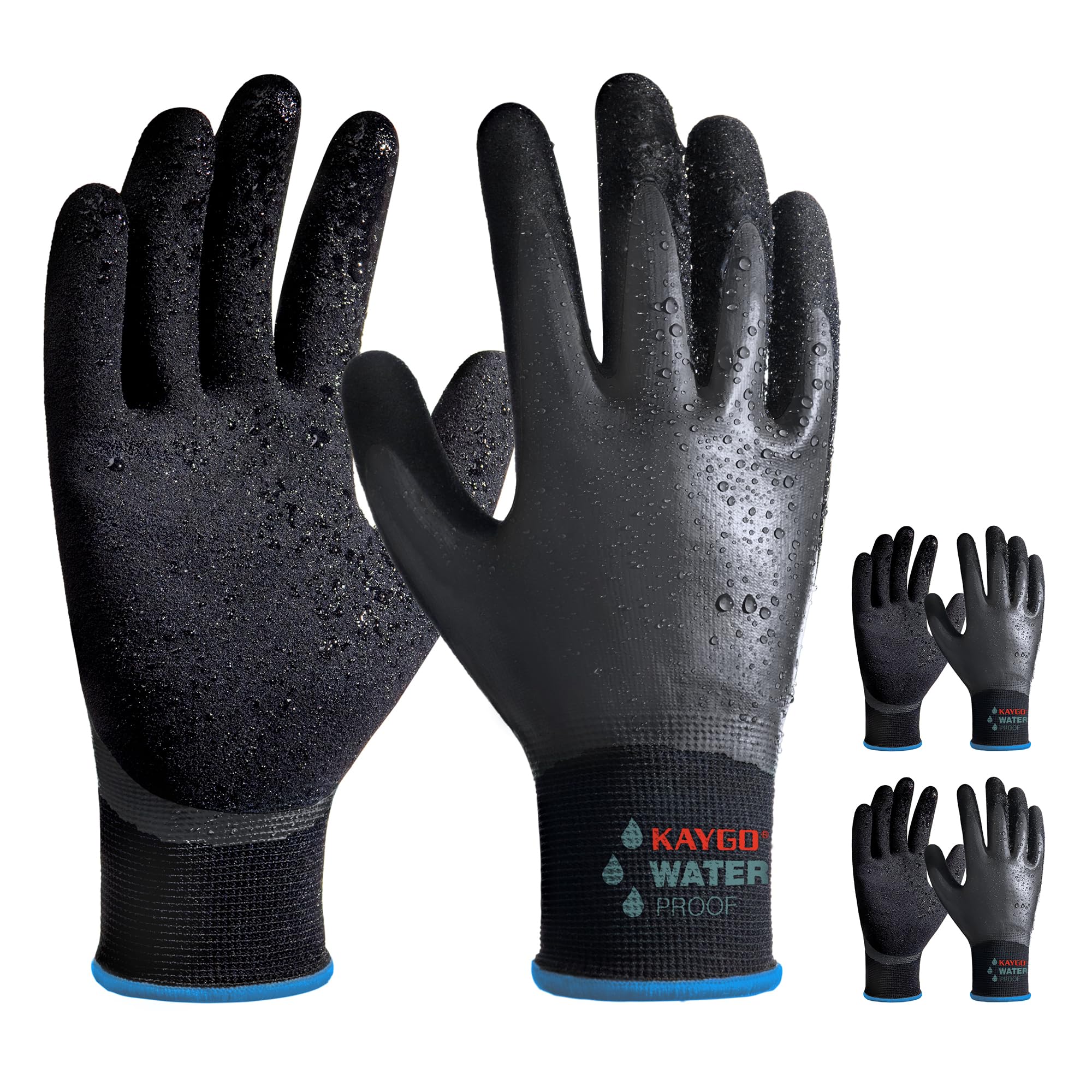 KAYGO Waterproof Work Gloves for Men and Women with Double Latex Coated, Non-Slip Super Grip for Gardening Car Washing Fish Cleaning (Black, M, 3 Pairs)