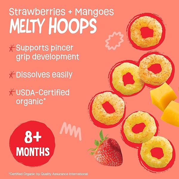 EARTH’S BEST ORGANIC MELTY HOOPS, BITE-SIZED SNACKS FOR BABIES 8 MONTHS AND UP, STRAWBERRY AND MANGO, 0.70 OUNCE BAGS (PACK OF 4)