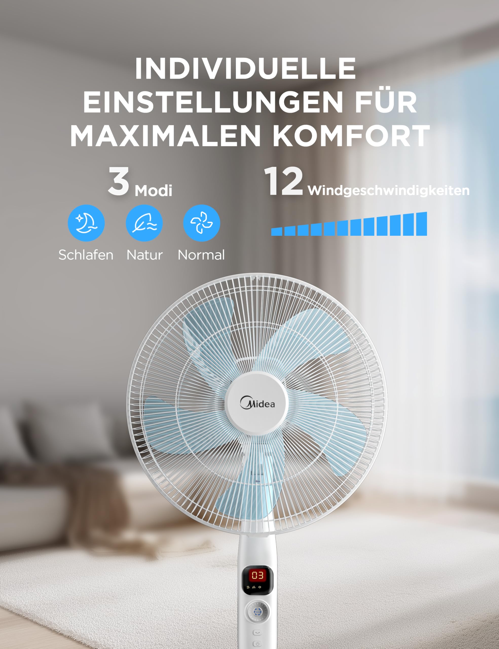 Midea FS40-16CR DC Motor Standventilator leise Extreme,mit Fernbedienung,12 Geschwindigkeiten,12H Timer,4 Modi,LED-Anzeige,energiesparend,22 dB,höhenverstellbar,Luftzirkulation, Weiß 4
