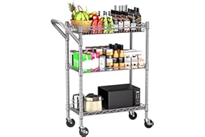 REGILLER 3 Tier Heavy Duty Rolling Utility Cart,18" D x 23.8" W x 36.6" H Rolling Carts with Wheels,Commercial Grade Metal with Handle Bar & Shelf Liner,Trolley Serving Storage Cart for Kitchen Silver