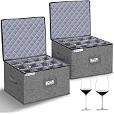 punemi Wine Glass Storage Holder for 24 Glasses, Hard Shell Moving Case Box | Hard shell side and bottom support with padded dividers for crystal glasses, stemware and drinkware; stackable for moving
