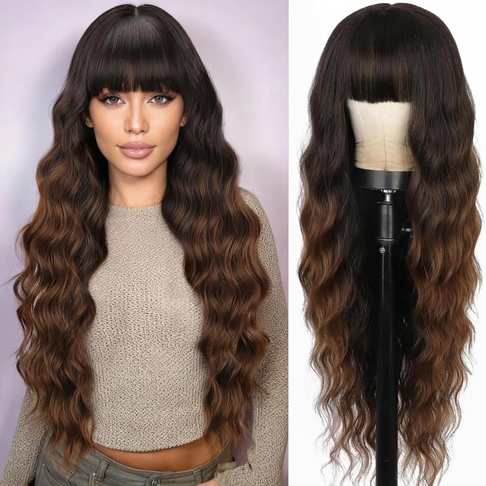 Photo 1 of XIXIBI 30 Inch Long Brown Wig With Bangs, Ombre Brown Wig for Women, Synthetic Curly Wavy Natural Looking Wig Heat Resistant Fiber Daily Party Use
